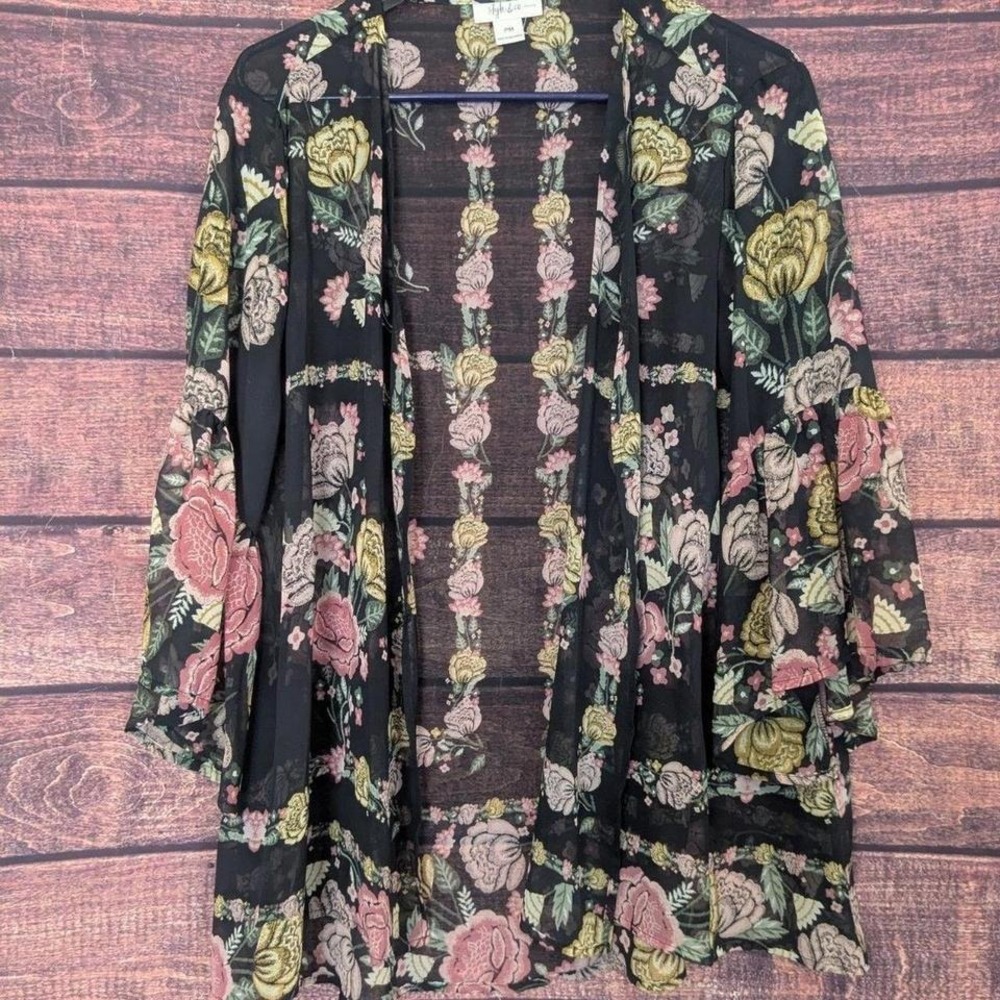 Black‎ Sheer Bell Sleeve Floral Print Kimono Size PM Whimsy romantic dark fairy